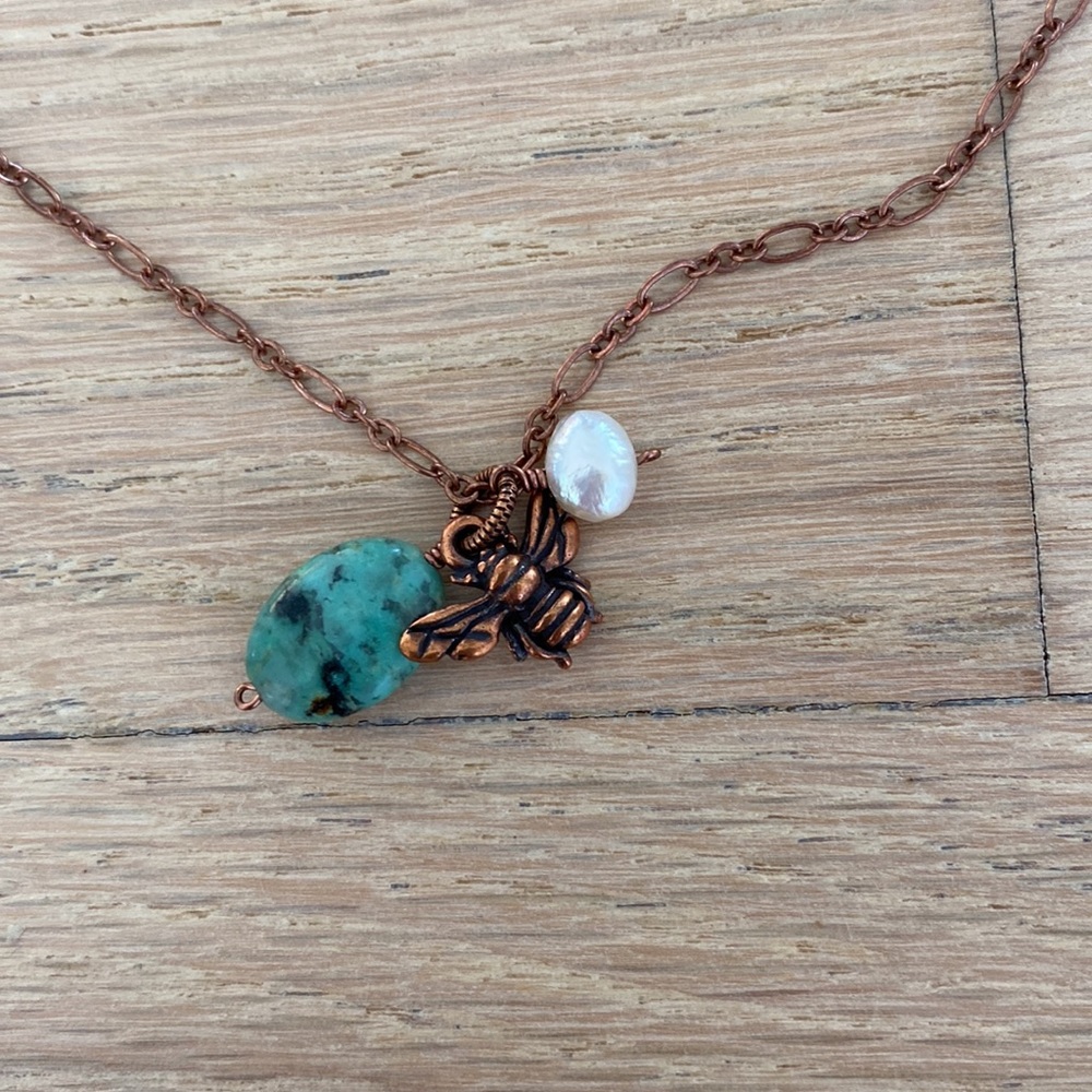 Antiqued Copper Bee, Turquoise, and Pearl Charm Necklace